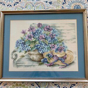 Beautiful Framed Vintage Handmade Cross Stitch Floral and Floppy Hat Picture